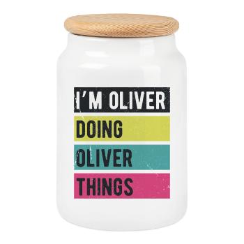 Je suis Oliver qui fait des couleurs rétro d’Oliver Things - Boîte à biscuits avec couvercle en bois - blanc - Devant