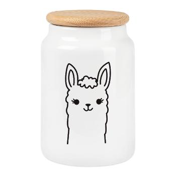 Cute Alpaca Llama Head Line Art - Cookie Jar with Wooden Lid - white - Front