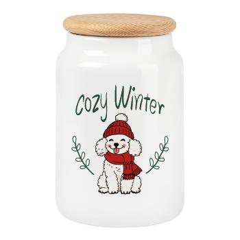 Chien d’hiver câlin avec chapeau - Boîte à biscuits avec couvercle en bois - blanc - Devant
