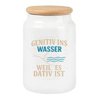 Genitiv ins Wasser – Sprachwitz - Keksdose mit Holzdeckel - Weiß - Vorne