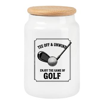 Vintage Golf Design Tee Off & Unwind Sport - Keksdose mit Holzdeckel - Weiß - Vorne