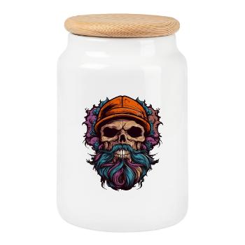 Crâne avec barbe - Boîte à biscuits avec couvercle en bois - blanc - Devant