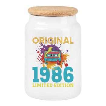 40-jähriges Jubiläum 1986 Retro-Vintage-Kassette - Keksdose mit Holzdeckel - Weiß - Vorne