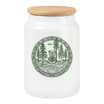 Forest Disc Golf Basket Flying Disc Course Scene - Cookie Jar with Wooden Lid - white - Front