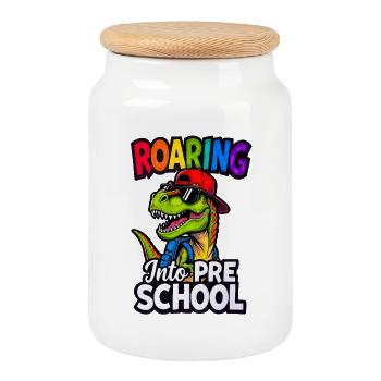 Roaring into Preschool Dinosaur Back to School - Cookie Jar with Wooden Lid - white - Front