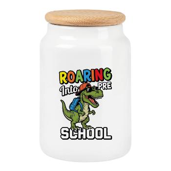 Roaring into Preschool Dinosaur Back to School - Cookie Jar with Wooden Lid - white - Front