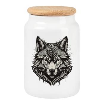 Tête de loup encre gravée - Boîte à biscuits avec couvercle en bois - blanc - Devant