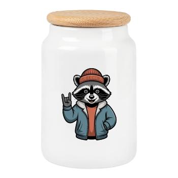 Rocker Raccoon - Cookie Jar with Wooden Lid - white - Front