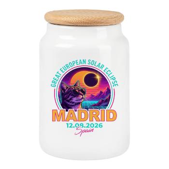 Solar Cat Madrid Eclipse 2026 - Cookie Jar with Wooden Lid - white - Front