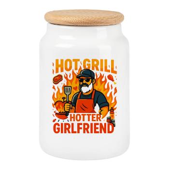 Hot Grill Hotter Girlfriend, Valentine's Day Gift - Cookie Jar with Wooden Lid - white - Front