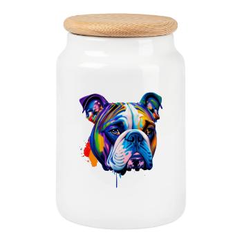 Portrait coloré du chien bouledogue anglais - Boîte à biscuits avec couvercle en bois - blanc - Devant