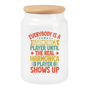 Funny Harmonica Player The Real Player Shows Up - Cookie Jar with Wooden Lid - white - Front