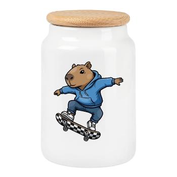 Capybara Skateboard - Cookie Jar with Wooden Lid - white - Front