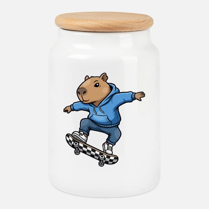 Capybara Skateboard - Keksdose mit Holzdeckel - Weiß