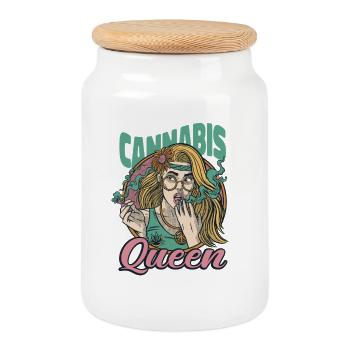 Cannabis Queen Outfit - Cookie Jar with Wooden Lid - white - Front