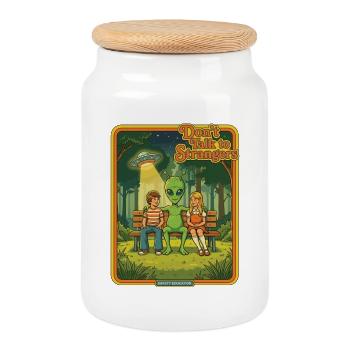 Don't Talk to Strangers – Retro Alien Design - Keksdose mit Holzdeckel - Weiß - Vorne