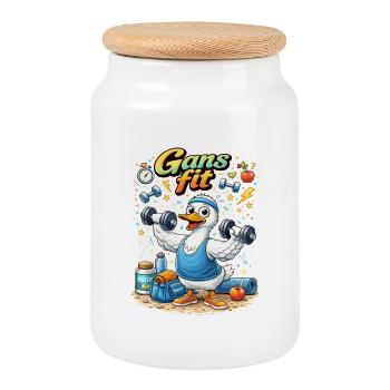 Gans Fit Kraftheld Cartoon - Keksdose mit Holzdeckel - Weiß - Vorne