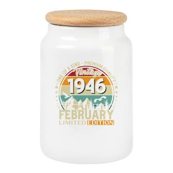 80th Birthday February 1946 Vintage Vintage - Cookie Jar with Wooden Lid - white - Front