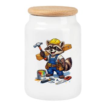 Construction Raccoon in workshop look - Cookie Jar with Wooden Lid - white - Front