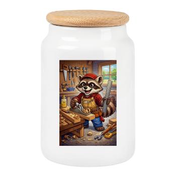 Waschbär Holzhandwerker - Keksdose mit Holzdeckel - Weiß - Vorne