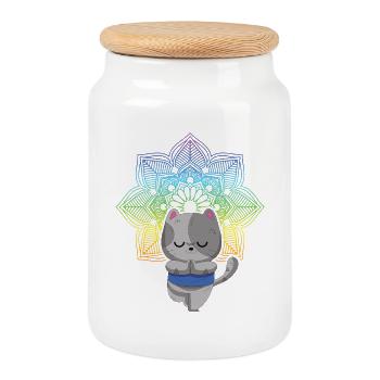 Yoga Katze Meditation Katzen Yoga - Keksdose mit Holzdeckel - Weiß - Vorne