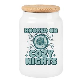 Hooked On Cozy Nights Crochet Lover Funny - Cookie Jar with Wooden Lid - white - Front