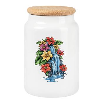 Tropical Waterfall Hibiscus - Cookie Jar with Wooden Lid - white - Front