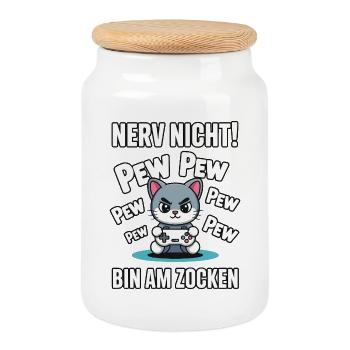Nerv nicht bin am Zocken Gamer Katze Design - Keksdose mit Holzdeckel - Weiß - Vorne