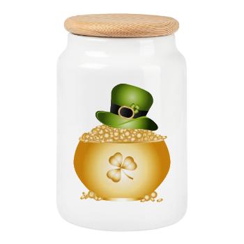 Golden pot with shamrock and green hat - Cookie Jar with Wooden Lid - white - Front