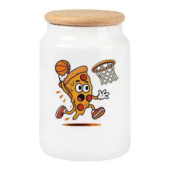 Pizza Slam Dunk Caricature - Cookie Jar with Wooden Lid - white - Front