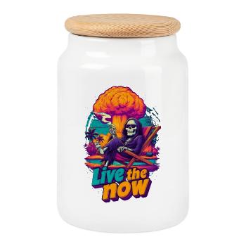 Live the Now skeleton on the beach - Cookie Jar with Wooden Lid - white - Front