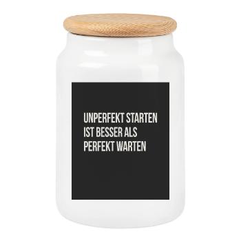 Starting imperfectly – better than waiting perfectly - Cookie Jar with Wooden Lid - white - Front