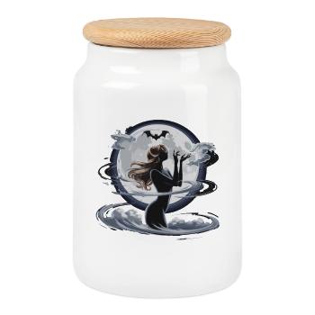 Mystic Moon Goddess Silhouette with Bat - Cookie Jar with Wooden Lid - white - Front