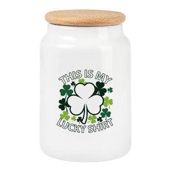 Mon t-shirt porte-bonheur Trèfle design - Boîte à biscuits avec couvercle en bois - blanc - Devant