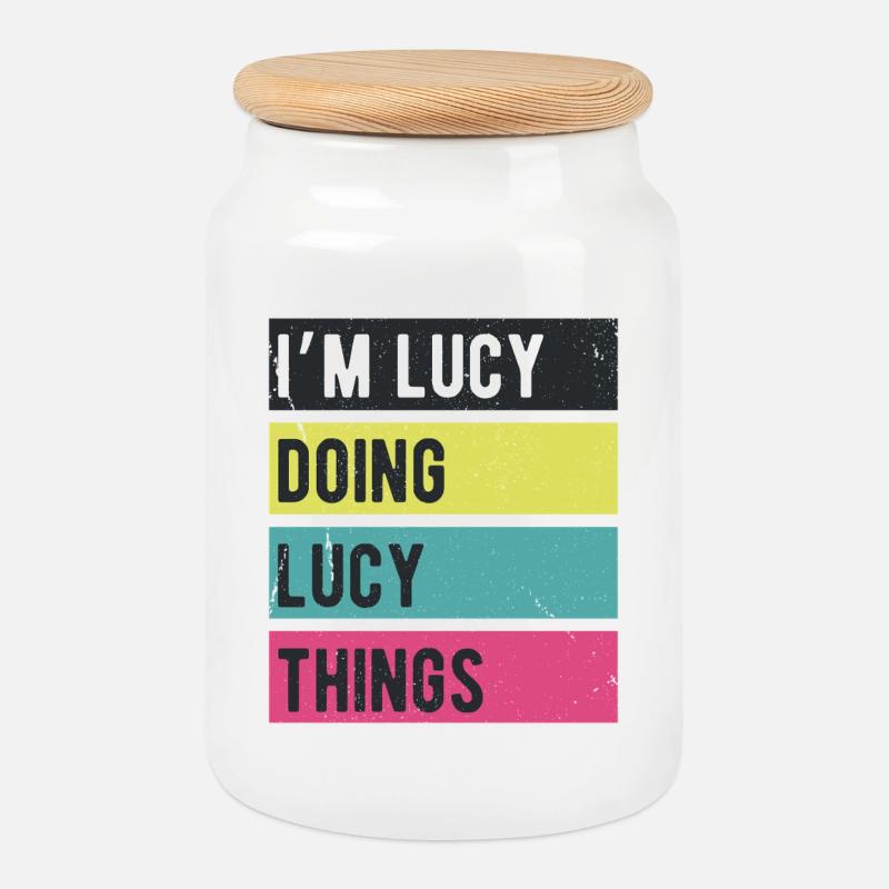 Ich bin Lucy, mache Lucy-Dinge Retrofarben - Keksdose mit Holzdeckel - Weiß