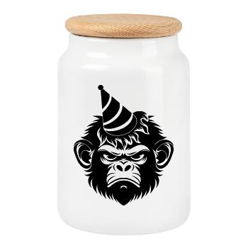 Capricious monkey with party hat - Cookie Jar with Wooden Lid - white - Front