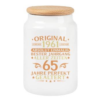 65 years perfectly aged vintage 1961 - Cookie Jar with Wooden Lid - white - Front