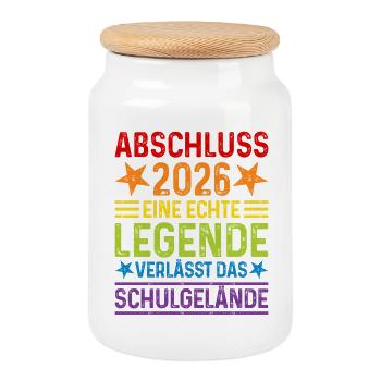 Abschluss 2026 Einr Legende verlässt Schulgelände - Keksdose mit Holzdeckel - Weiß - Vorne