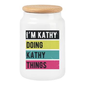 Ich bin Kathy Mache Kathy Dinge Retrofarben - Keksdose mit Holzdeckel - Weiß - Vorne