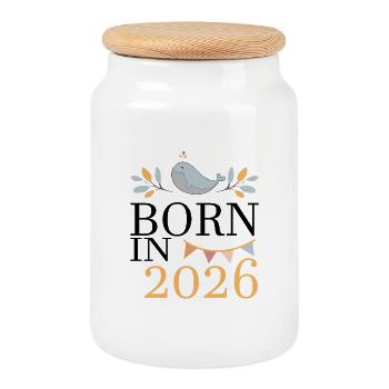 Born in 2026 Baby Wal bald Mama Geschenk - Keksdose mit Holzdeckel - Weiß - Vorne