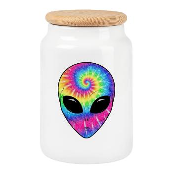 Psychedelic TieDye Alien Face - Cookie Jar with Wooden Lid - white - Front