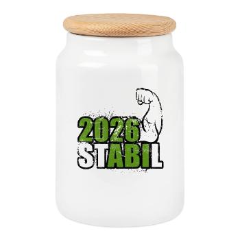 Stabil Abi 2026 - Bizeps - Abitur - Spruch - Keksdose mit Holzdeckel - Weiß - Vorne