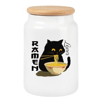 Ramen Lover - Schwarze Katze mit Nudeln - Keksdose mit Holzdeckel - Weiß - Vorne