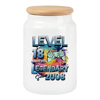 Level 18 years Unlocked since 2008 Birthday - Cookie Jar with Wooden Lid - white - Front