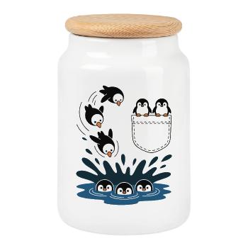 Pinguin Sprung ins Wasser Pocket Design - Keksdose mit Holzdeckel - Weiß - Vorne