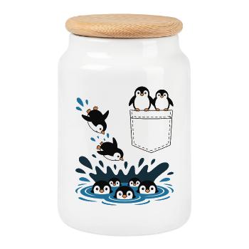 Penguin Jump Into The Water Pocket Design - Cookie Jar with Wooden Lid - white - Front