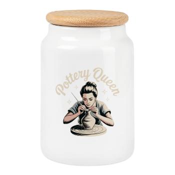 Ceramic Pottery Mud Creative Humor - Cookie Jar with Wooden Lid - white - Front