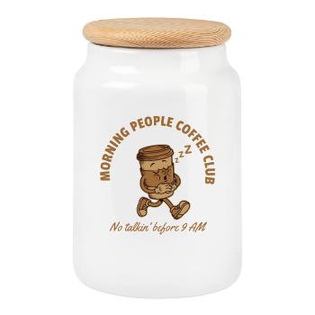 Club du café Morning People – Pas de bavardages avant 9 - Boîte à biscuits avec couvercle en bois - blanc - Devant