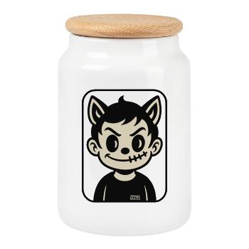Stichwolf Maskottchen - Keksdose mit Holzdeckel - Weiß - Vorne