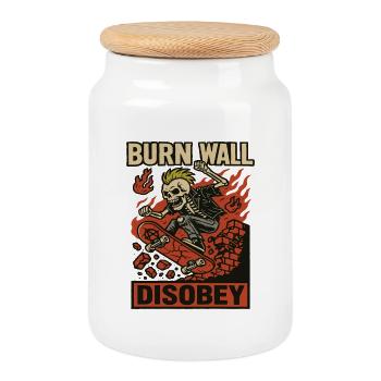 Burning Wall Skater Skeleton - Cookie Jar with Wooden Lid - white - Front